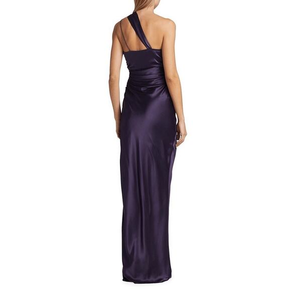 THE SEI Silk Asymmetrical Bandeau One-shoulder Cut Out Gown Fig Purple size 8 - Picture 3 of 11